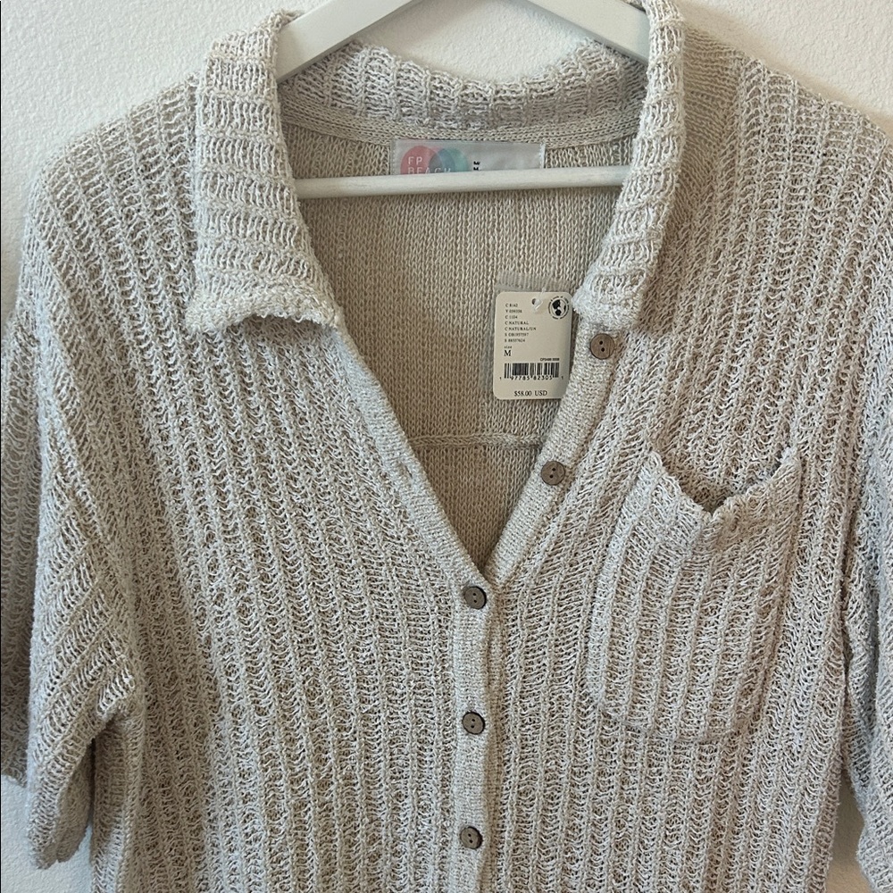Free People Light Cream Open Knit Button-Up Cardigan